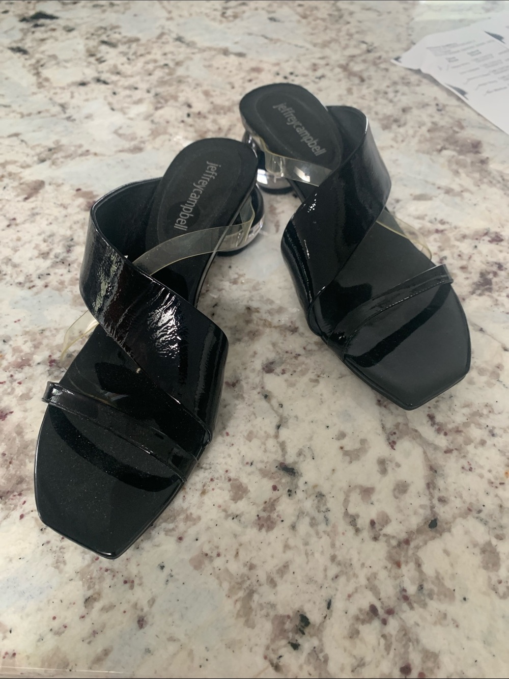 Jeffrey Campbell Black Patent Crisscross Slide Sandals with Clear Block Heel